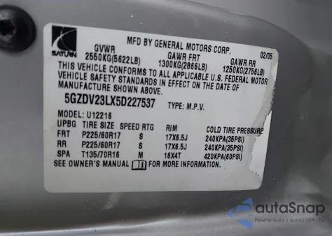 2005 Saturn Relay Fwd from USA, damaged, VIN 5GZDV23LX5D227537